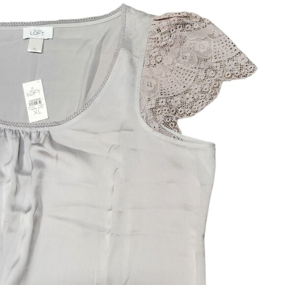 LOFT Blouse Top Satin Lace Short Cap Sleeve Gray Silver Pleated Flowy XL NEW - Picture 2 of 11